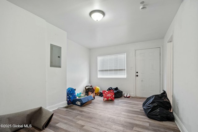 recreation room with electric panel and light hardwood / wood-style floors