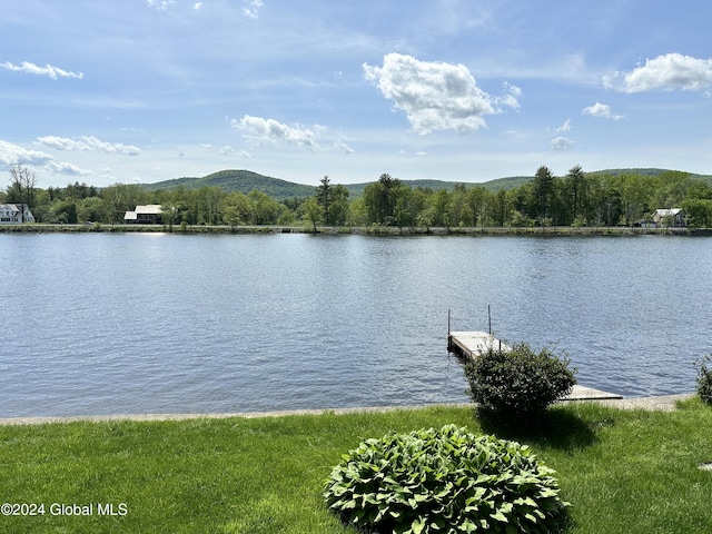 view of water feature with a mountain view and a boat dock