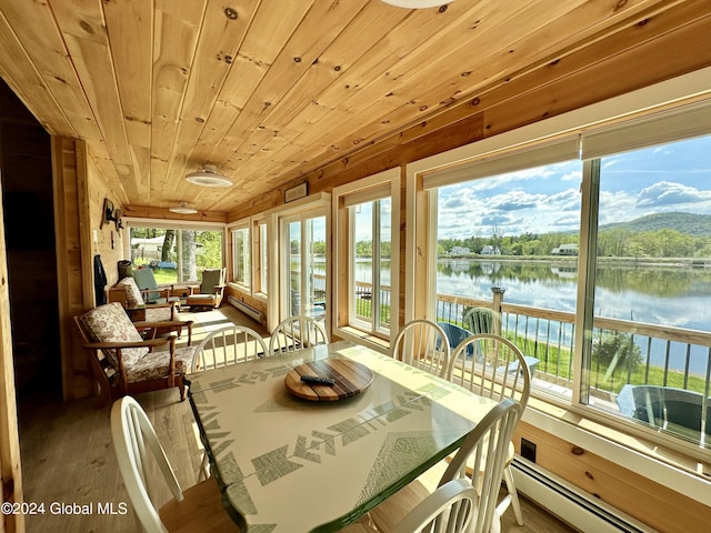 sunroom / solarium with a baseboard heating unit, wooden ceiling, and a water view