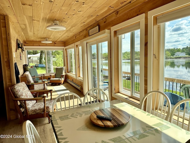 sunroom / solarium with a baseboard heating unit, wooden ceiling, and a water view