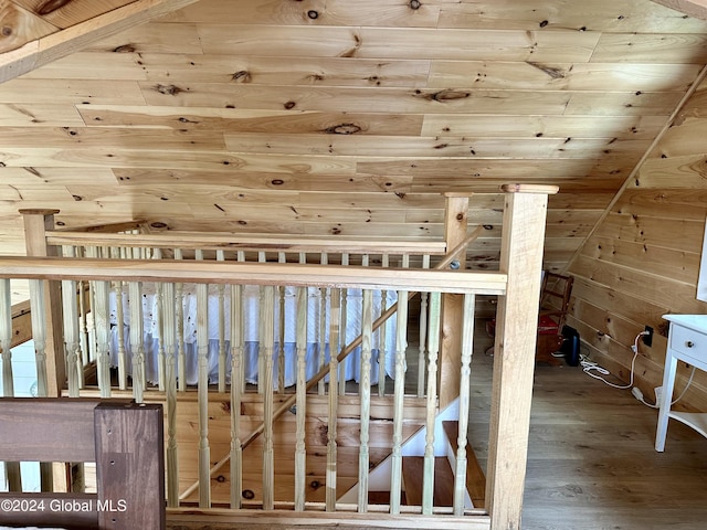 interior space with hardwood / wood-style floors, wood ceiling, and wooden walls