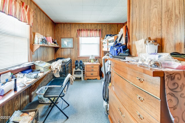 carpeted office with wood walls