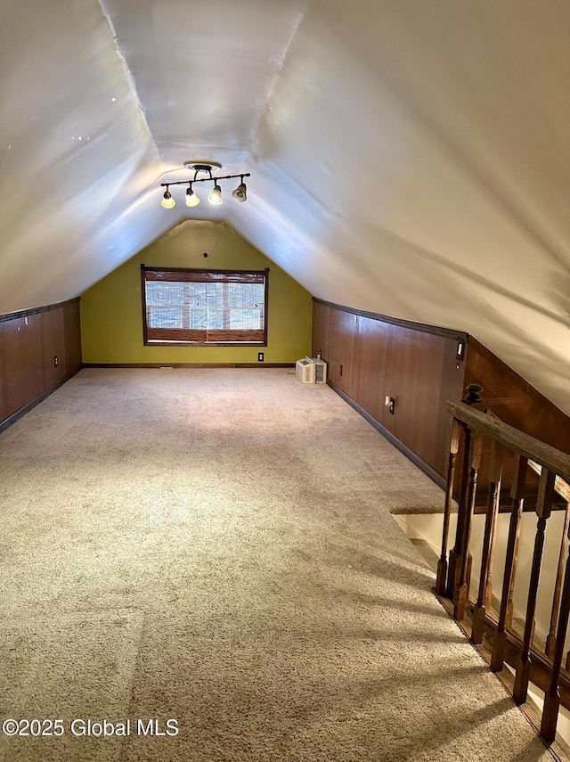 additional living space featuring lofted ceiling and carpet floors