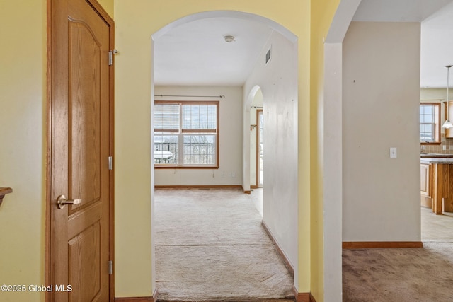 hallway with plenty of natural light and light carpet