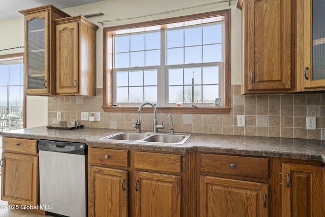 kitchen featuring tasteful backsplash, sink, and stainless steel dishwasher