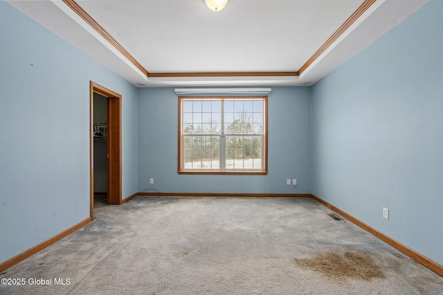 spare room featuring a raised ceiling, ornamental molding, and carpet floors