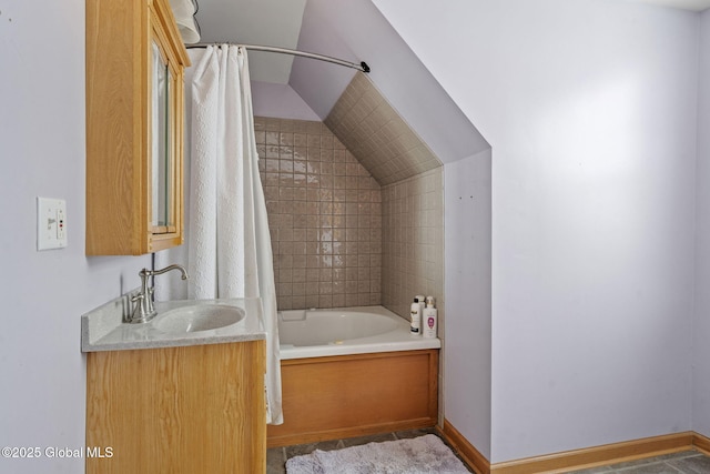 bathroom featuring shower / tub combo, vanity, and lofted ceiling