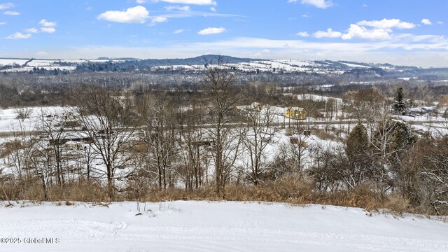 snowy aerial view with a mountain view