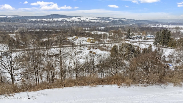 snowy aerial view featuring a mountain view