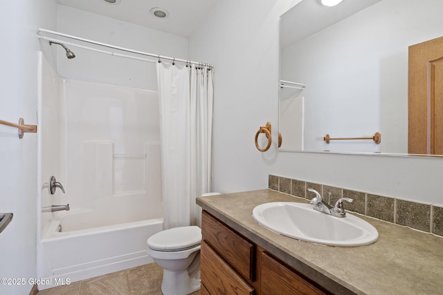 full bathroom with toilet, vanity, shower / bathtub combination with curtain, and tile patterned flooring