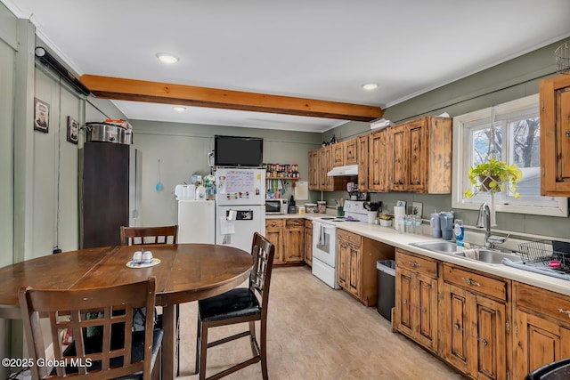 kitchen featuring beamed ceiling, white electric range, and sink