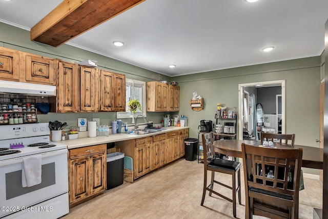 kitchen with crown molding, white electric range, and sink