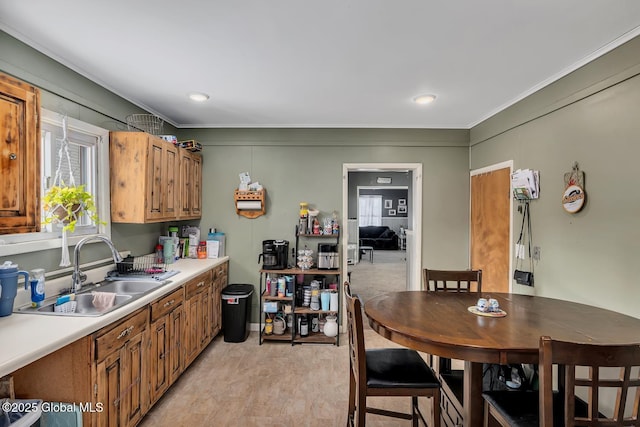 kitchen with sink, plenty of natural light, and ornamental molding