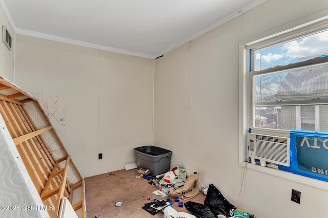 carpeted spare room featuring crown molding