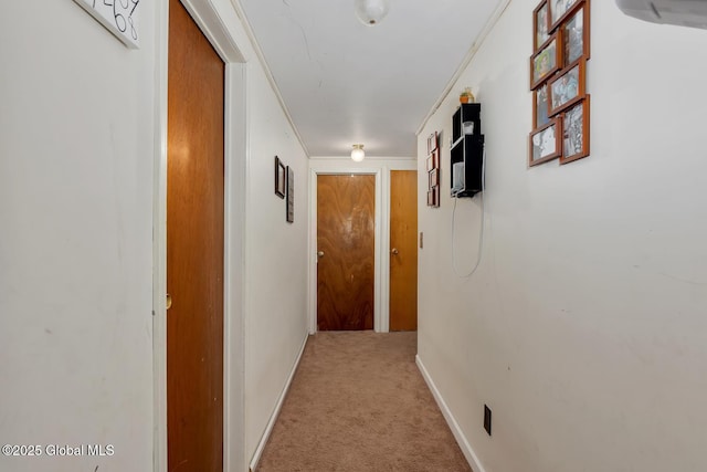 hallway with ornamental molding and light colored carpet