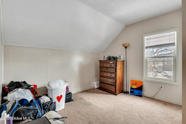 interior space with vaulted ceiling and carpet