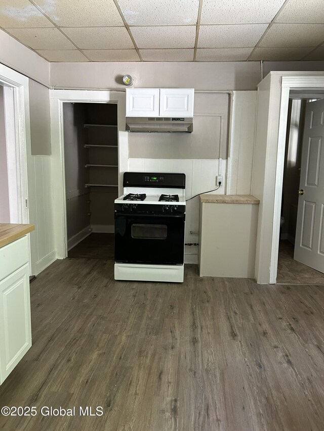 kitchen featuring white cabinetry, dark wood-type flooring, gas range oven, and a paneled ceiling