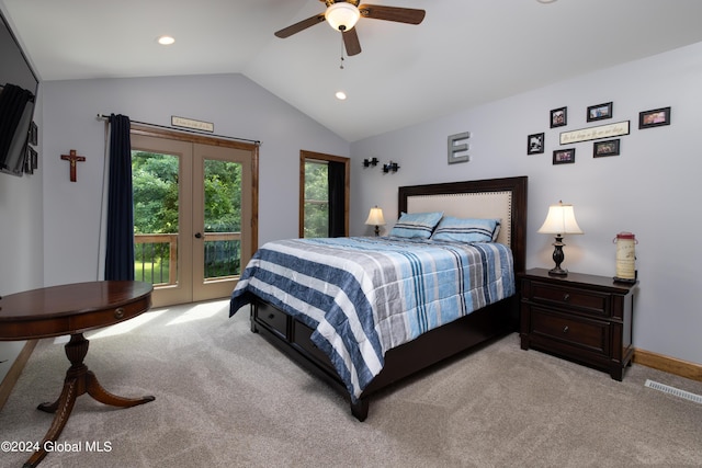 bedroom with french doors, light carpet, visible vents, and vaulted ceiling