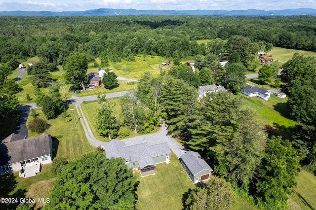 drone / aerial view featuring a forest view and a mountain view