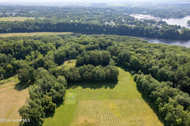 drone / aerial view featuring a water view, a view of trees, and a rural view