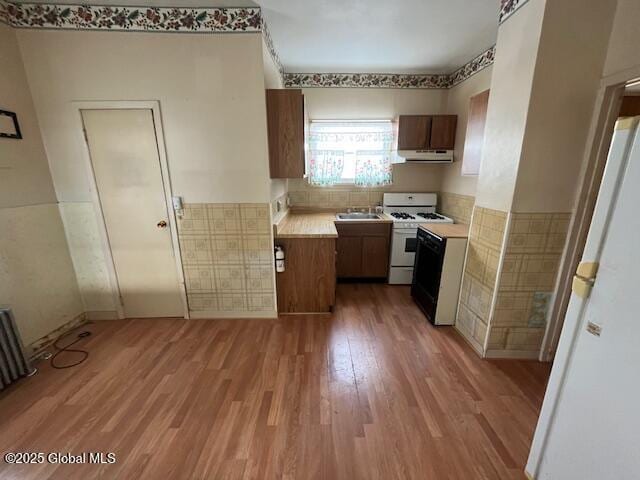 kitchen with sink, white appliances, and light hardwood / wood-style floors