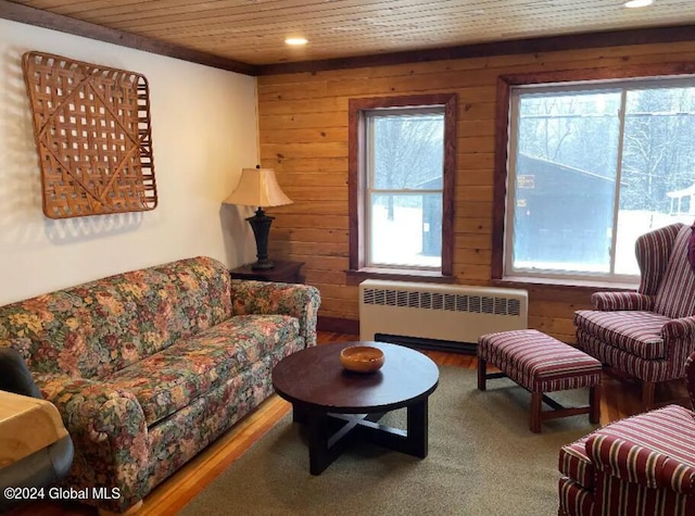 living room with wood ceiling, radiator heating unit, wooden walls, and a wealth of natural light