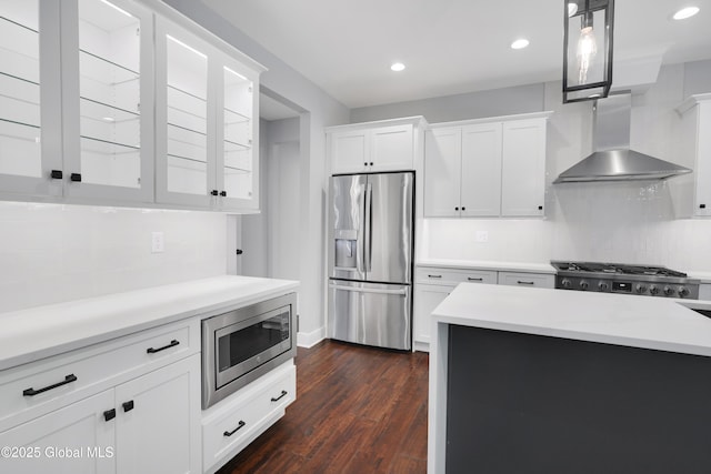 722 Swaggertown Rd, Glenville, NY 12302 - kitchen featuring stainless steel appliances, wall chimney exhaust hood, decorative backsplash, light countertops, and recessed lighting