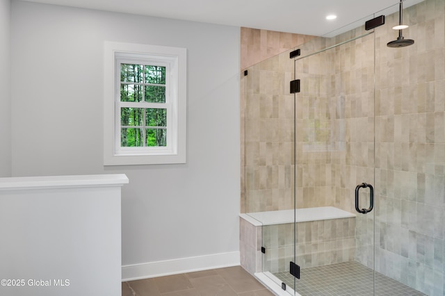 722 Swaggertown Rd, Glenville, NY 12302 - bathroom with baseboards, a shower stall, recessed lighting, and tile patterned floors