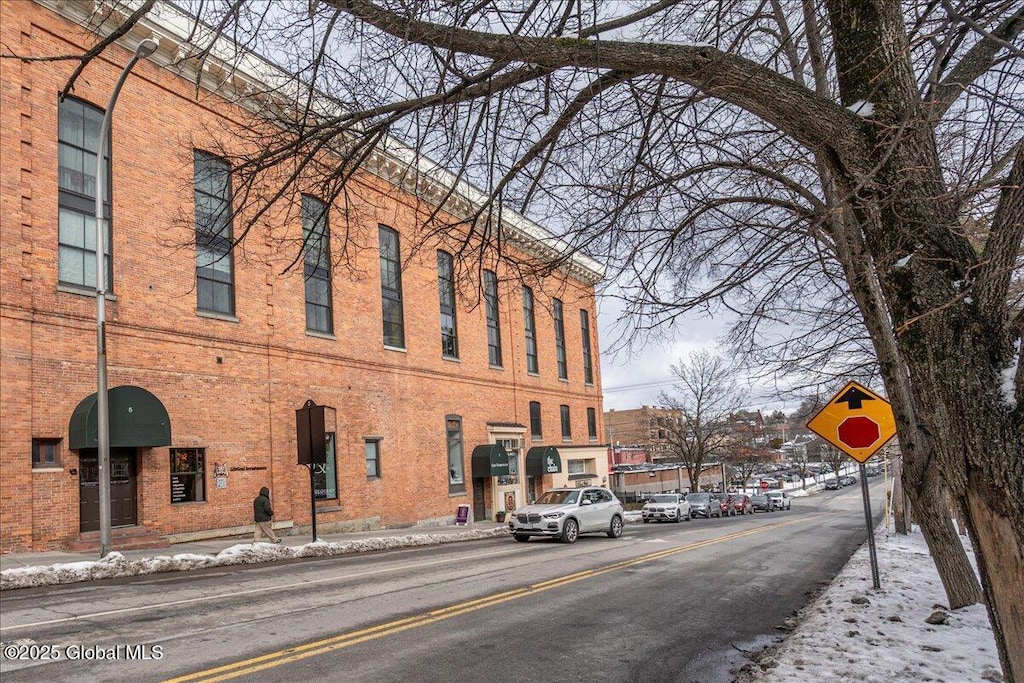 view of snow covered building