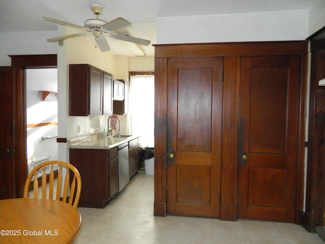 kitchen with ceiling fan, dishwasher, sink, and backsplash