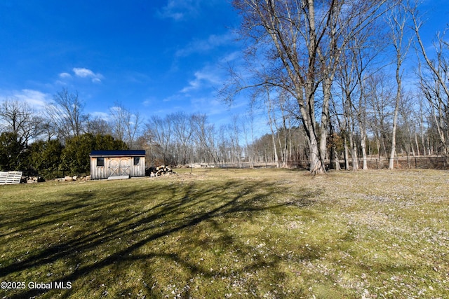 view of yard with a shed, an outdoor structure, and fence