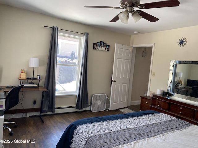 bedroom featuring wood finished floors, a ceiling fan, and baseboards