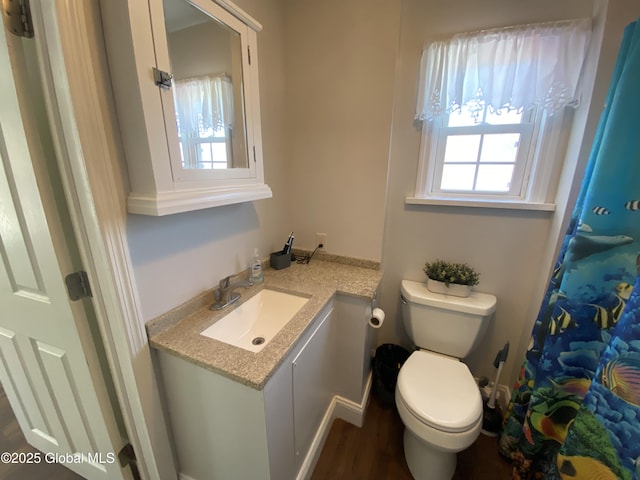 bathroom featuring toilet, wood finished floors, and vanity