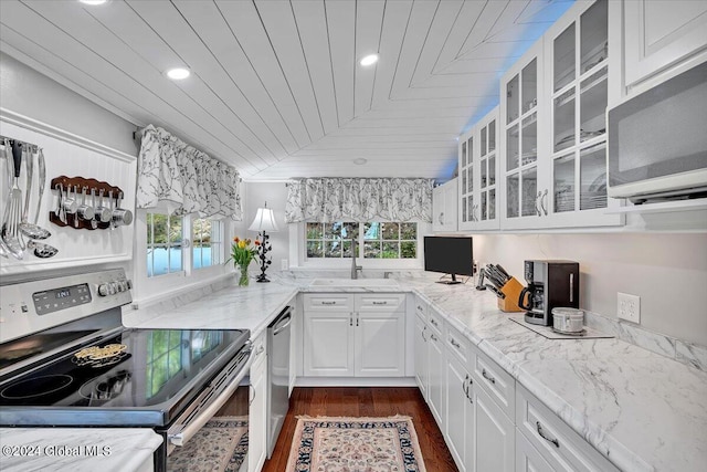 kitchen featuring sink, white cabinetry, light stone counters, wooden ceiling, and appliances with stainless steel finishes