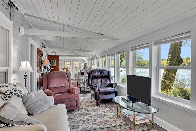 sunroom / solarium featuring beam ceiling and wooden ceiling