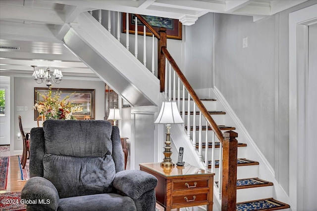 staircase with crown molding, an inviting chandelier, hardwood / wood-style floors, coffered ceiling, and beamed ceiling