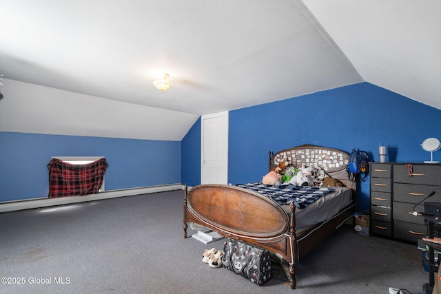 bedroom featuring lofted ceiling, a closet, and carpet