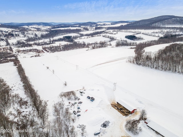 snowy aerial view with a mountain view