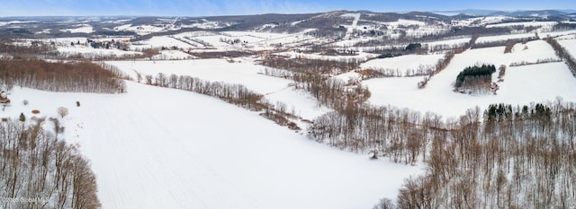 snowy aerial view with a mountain view