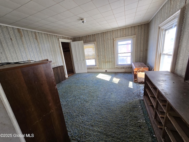 interior space featuring crown molding and carpet floors