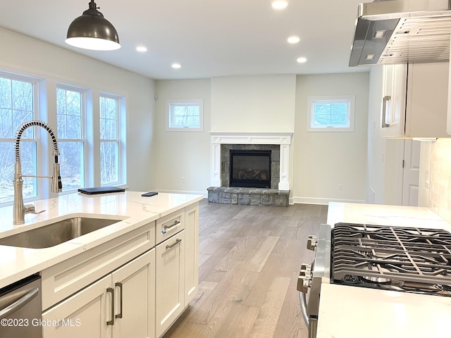 kitchen with sink, light hardwood / wood-style flooring, plenty of natural light, a fireplace, and decorative light fixtures