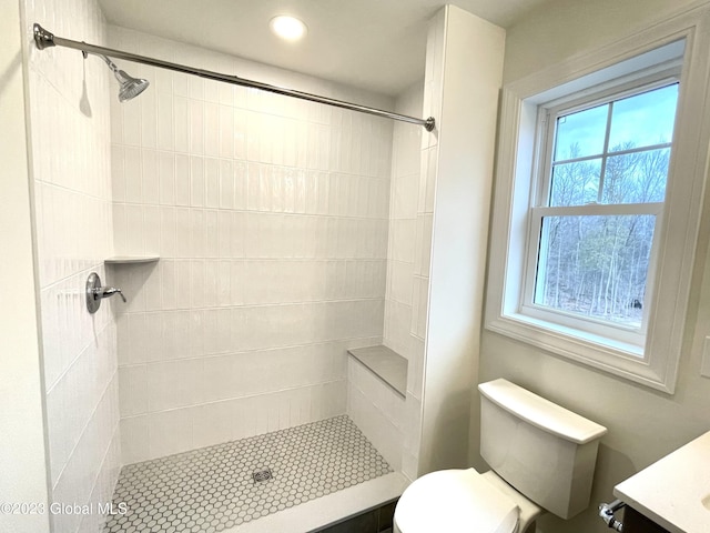 bathroom with vanity, a tile shower, and toilet