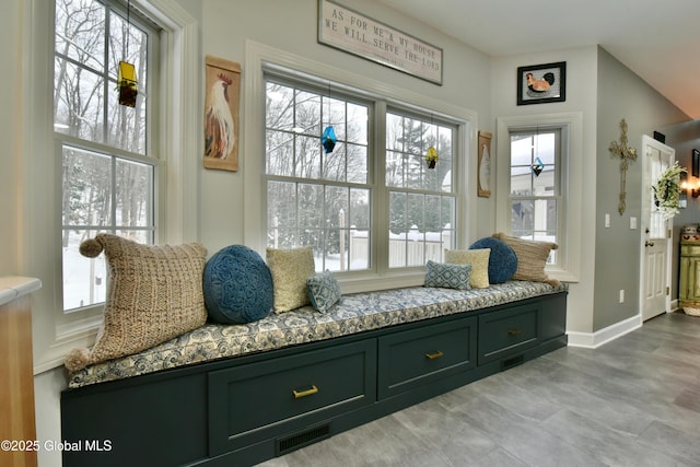 mudroom with a healthy amount of sunlight, baseboards, and visible vents