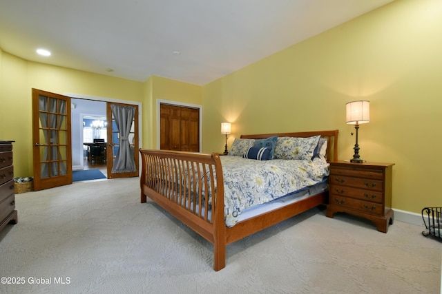 bedroom with french doors, carpet, recessed lighting, and baseboards