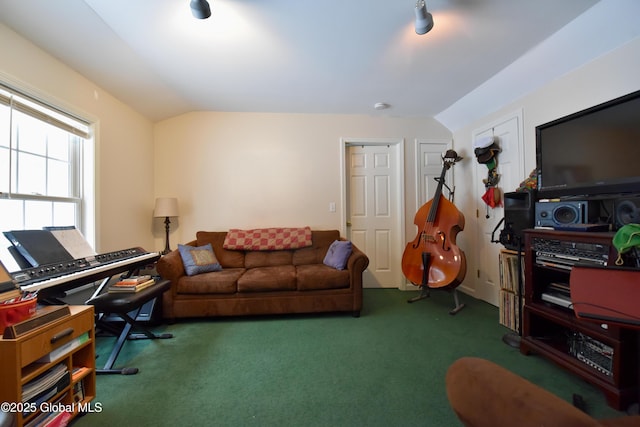 living area with lofted ceiling and carpet floors