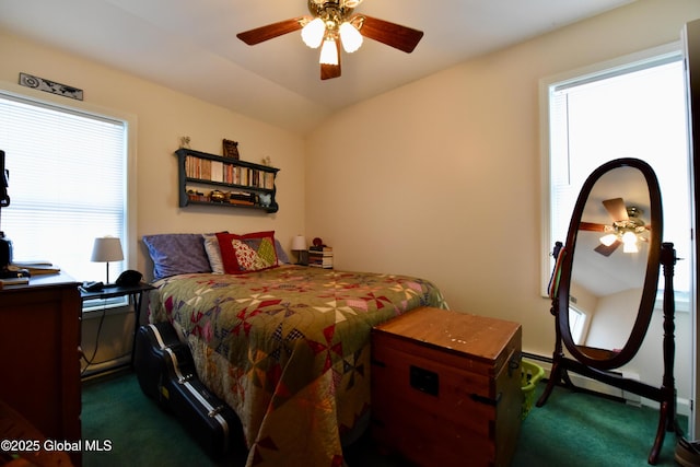 bedroom featuring carpet floors and vaulted ceiling