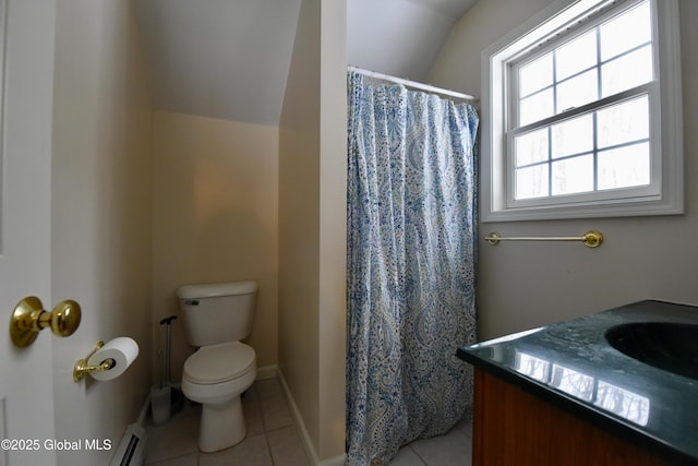 full bath featuring toilet, tile patterned flooring, baseboards, and vanity