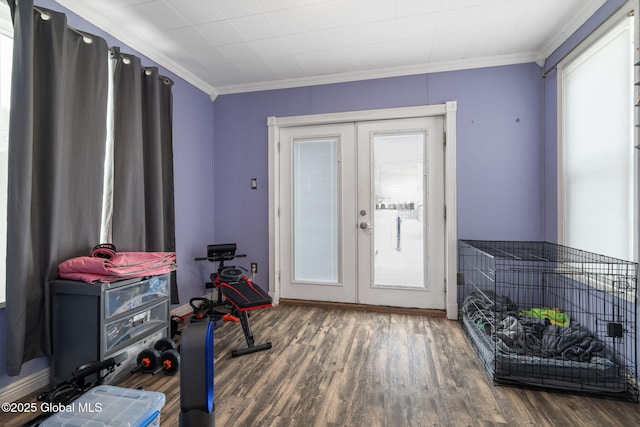 doorway to outside with french doors, a healthy amount of sunlight, crown molding, and dark wood-type flooring