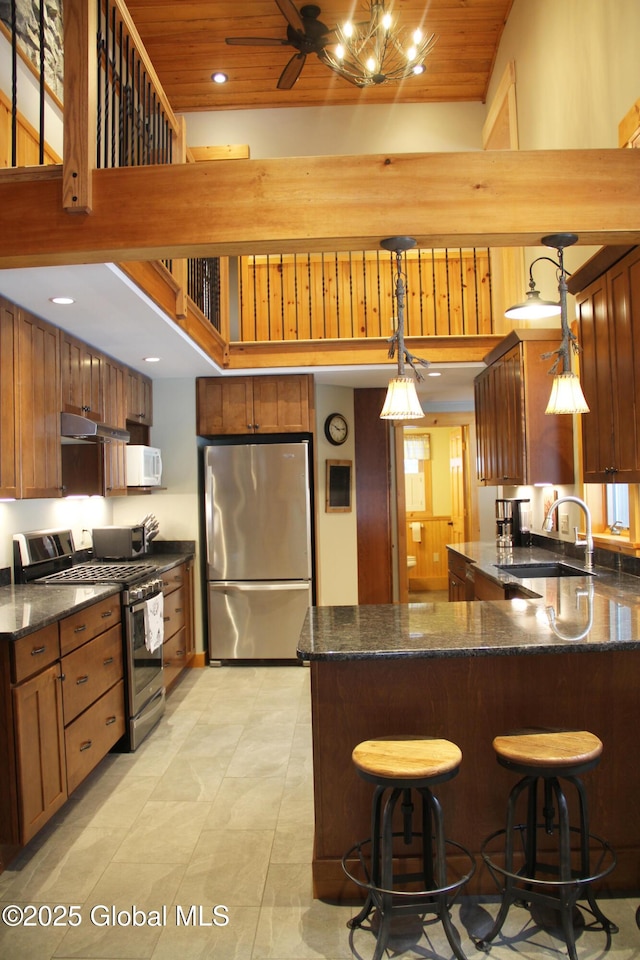 kitchen featuring sink, pendant lighting, a towering ceiling, stainless steel appliances, and wood ceiling