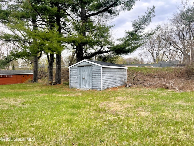 view of yard with an outdoor structure and a storage shed
